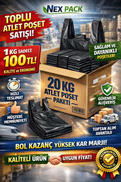 nex pack Siyah Atlet Poşet Orta Boy 20 KG Toptan Paket – Kalın, Sağlam, Ekono...
