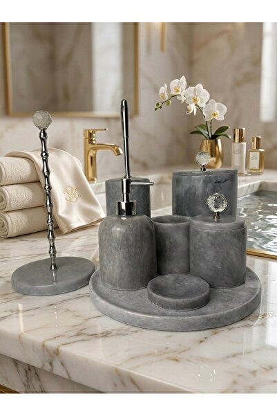 BRONX MARBLE Gri Mermer Düz Banyo Seti, 8 Parça ,Elmas Aksesuar Detaylı, Beya...