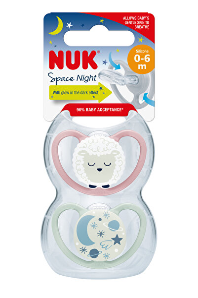 Nuk Силиконова залъгалка Space Night за момичета 0-6 месеца, комплект от 2 броя
