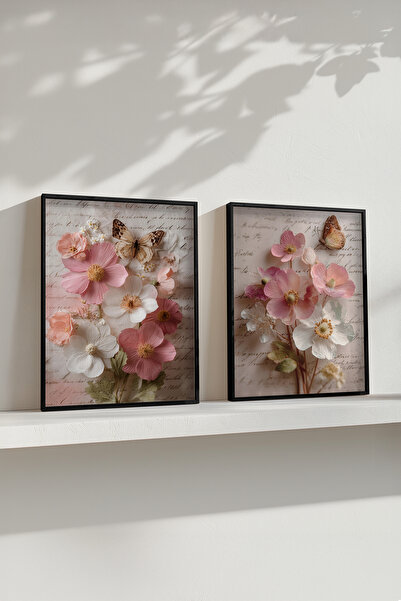 STARYUNA Black Wooden Framed Butterfly and Flower Double Painting Set Yuna583