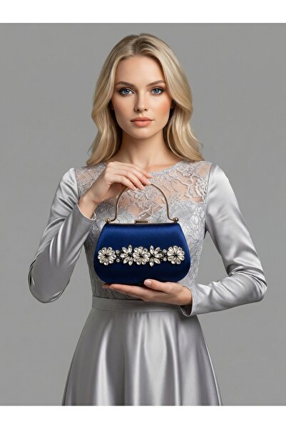 Biçanta Navy Blue Color Glittery Satin Stone Strappy Chain Women's Evening Dr...