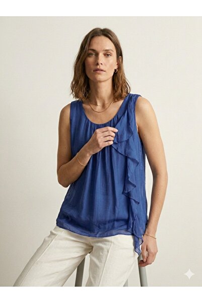 della moor Italian S Cobalt Blue Zero Sleeve Front Ruffle a Lined İ Silk Luz