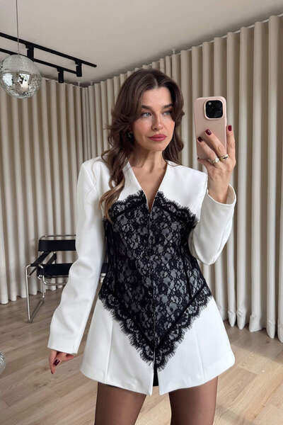 Sue Store Jachetă blazer cu design corset alb-negru dantelă