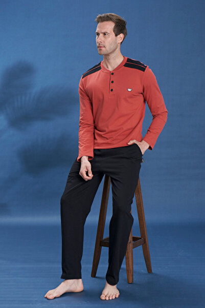 REMSA طقم بيجامة رجالي من القطن الممشط بتفاصيل نصف زر وأكمام طويلة 2124 Kiret...