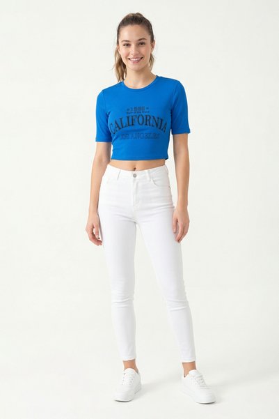 Abruzzo Short Sleeve Cropped T-Shirt Printed Crew Neck Fitted Slim Fit - Cobalt Blue