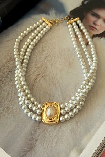 Trendy Butik Pearl Row Gold Detailed Choker