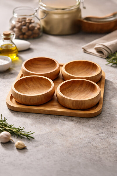 Vadi بامبو طقم وعاء تقديم وجبة الإفطار مكون من 4 قطع مع صينية خشبية