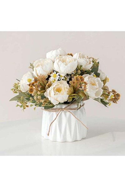 Arabest Faux Flowers with Vase,Artificial Silk Flowers in Ceramic Vase,Small ...