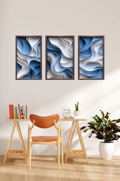 dijidepo 3 Parçalı Modern Soyut Mavi Dalga Desenli UV Baskı Folyo Tablo Seti ...