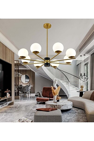 RFAN Chandelier, Model F0028/8, With Lampshades, 8 X E27, Gold/Black