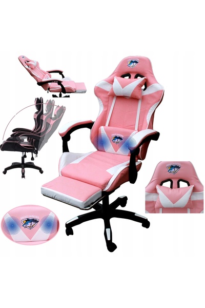 CERLO Scaun de gaming cu masaj, LED, pivotant, suport pentru picioare, roz