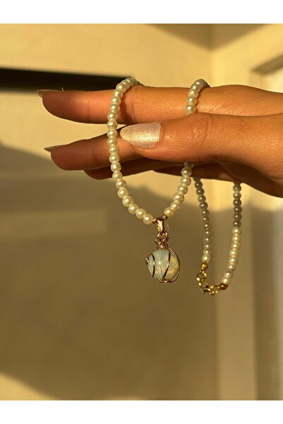 İnci Ay Taşı Uçlu El Yapımı Kolye | Altın Kaplama