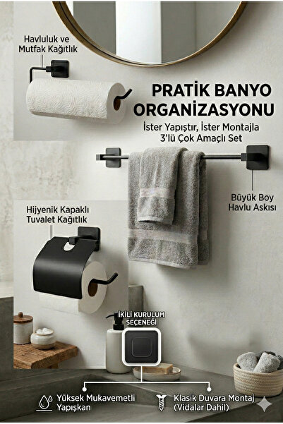 Alper Banyo Jasmine 3'lü Siyah Kare Yapışkanlı Banyo Seti | Kapaklı Kağıtlık,...