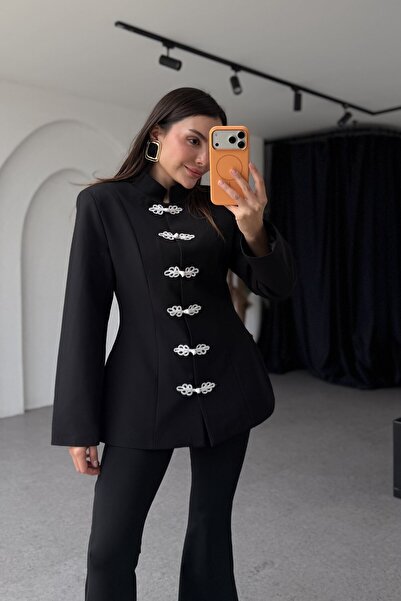 Gizem Ecemiş Napolyon Siyah Nakış Düğmeli Blazer Ceket