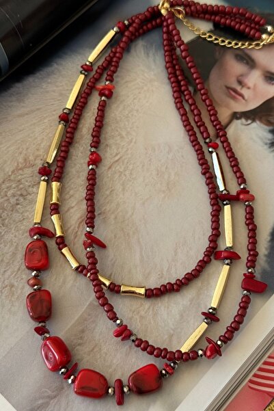Trendy Butik Çoklu Kırmızı Boncuk Kolye