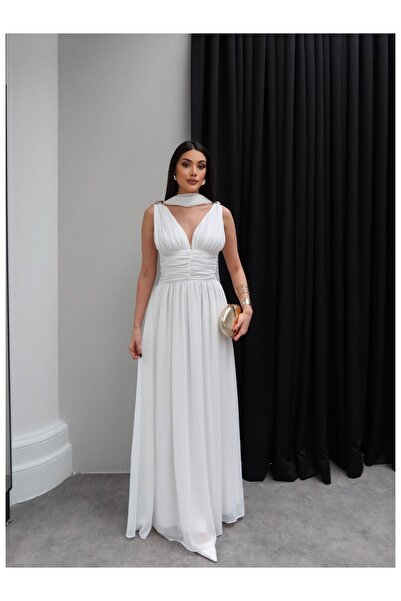 ESRAHELVACI Shawl Waist Draped Chiffon Maxi Dress