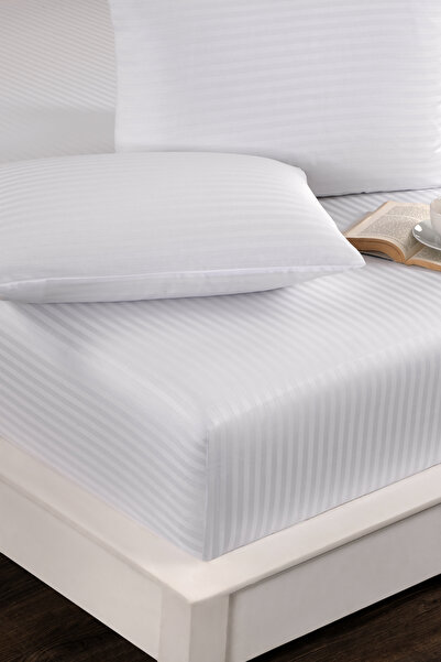 Naturosa Striped Satin Elastic Single White Bed Sheet Set - 40 cm - 1 Pillowc...