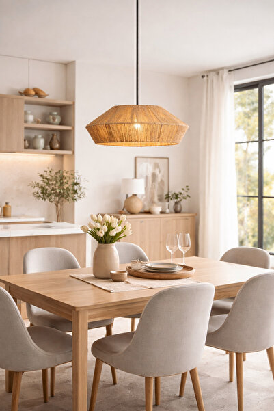 mammoly Bohem Hasır Doğal Avize, Modern Bohem Tarz, Rustik Avize, 35 cm Genişlik