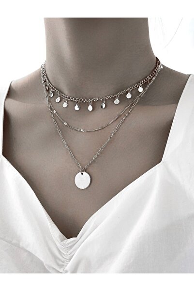 stainless steell Silver Color Round Sequin Layered Necklace