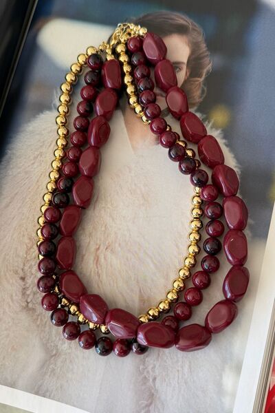 Trendy Butik Bordo Renkli Çoklu Boncuk Kolye