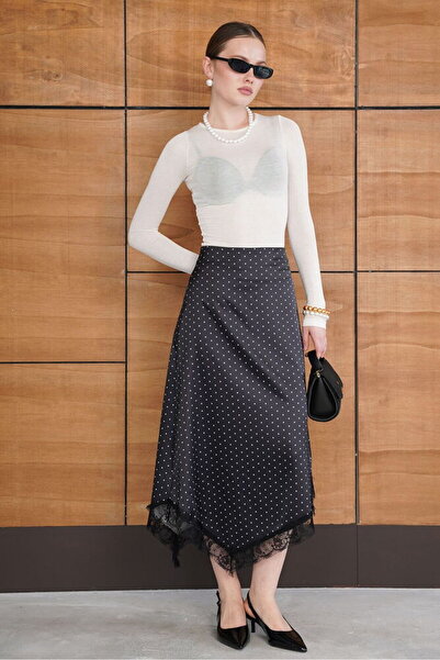 Lady Pixie Lace Detailed Polka Dot Midi Satin Skirt