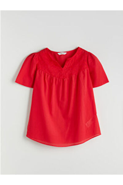 LC Waikiki Modanova Sezon Red Collared Blouse Lace-Like Knit