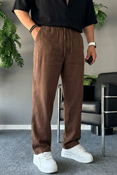COMBİNE MİCHAİL Men's Comfortable Summer Brown Loose Linen Pants