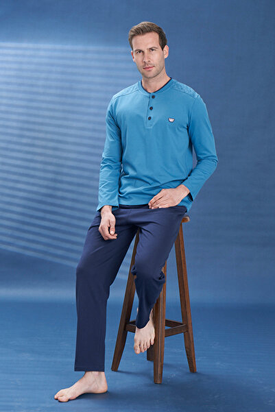 REMSA Ανδρικό σετ πιτζάμες με μακρυμάνικο σχέδιο με λεπτομέρεια με μισό κουμπ...