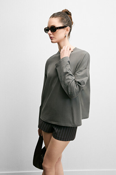 GRIMELANGE STONRET Kadın Yumuşak Kumaşlı %100 Pamuk Taş Detaylı Uzun Kol Antr...