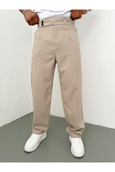 modabm Men's Buckled Pleated Fabric Trousers