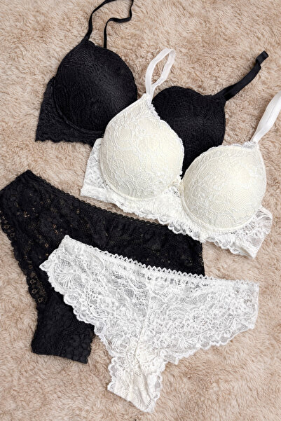 RUYAZ Lace Piece Padded Supported 2-Piece Bra and Panties Set Black & White