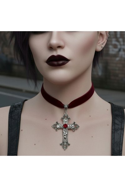 Corvus kolye&bileklik Kırmızı Gotic Cross Vintage Kadife Tasma Kolye