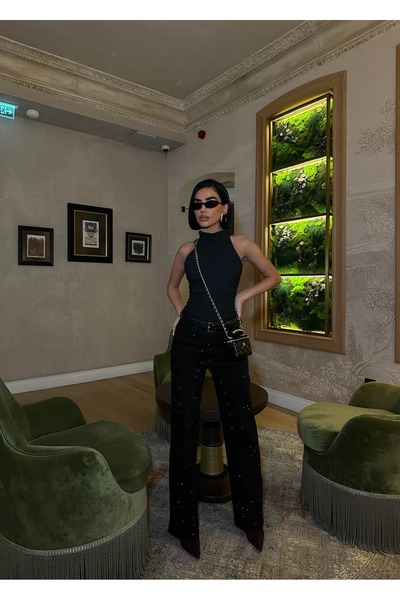 GLAMMOSS L'Atelier High Waist Mini Diamond Stone Embroidered Palazzo Jeans