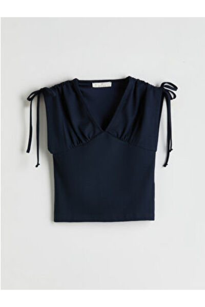 LC Waikiki Modanova Sezon Navy Blue V-Neck Ruched Blouse