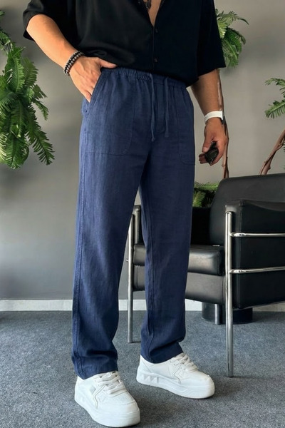 COMBİNE MİCHAİL Men's Comfortable Summer Navy Blue Linen Trousers