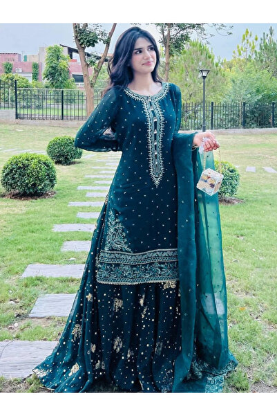 MYSMAR طقم كورتي ليهينغا ودوباتا من قماش جورجيت صناعي أزرق - HRT3415 | أزرق