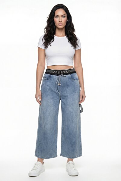 EXİTLİNE بنطلون نسائي باللون الأزرق الداكن للموسم مرن مضلّع مرصّع بالأحجار قص...