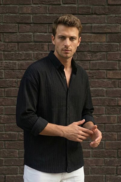 MADZEYMODA Cămașă de vară pentru bărbați cu dungi texturat Cămașă casual neag...