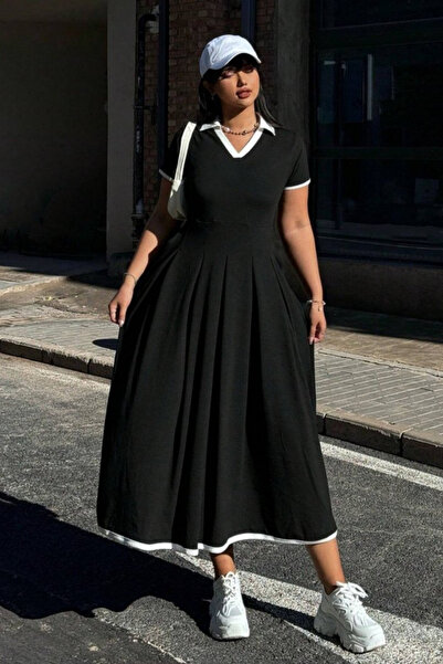 Viyamo Yeni Sezon Kadın Kısa Kollu v Yakalı Pileli Uzun Janjan Krep Bayramlık...