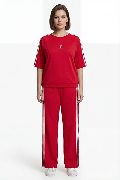 EXİTLİNE Women's Red Summer Tracksuit Set with Elastic Waist and Side Buttons...