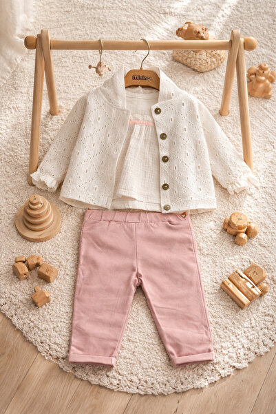 Minelia Kids %100 Pamuk 3’lü Kız Bebek Takım – Triko Ceket, Müslin Bluz, Pudr...