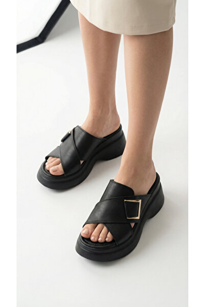 Limeo Buckle Detail High Wedge Heel Lu Comfortable Women's Summer Wear Slippe...