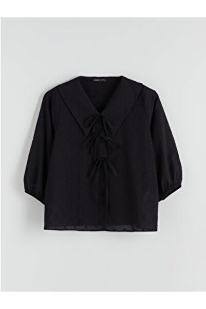 LC Waikiki Modanova Sezon Black Peter Pan collar Embroidered Bow Blouse