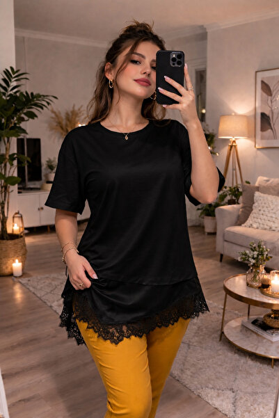 SPORTİVEA Oversize Salaş Bluz Şık Saten Kat ve Dantel Tasarım