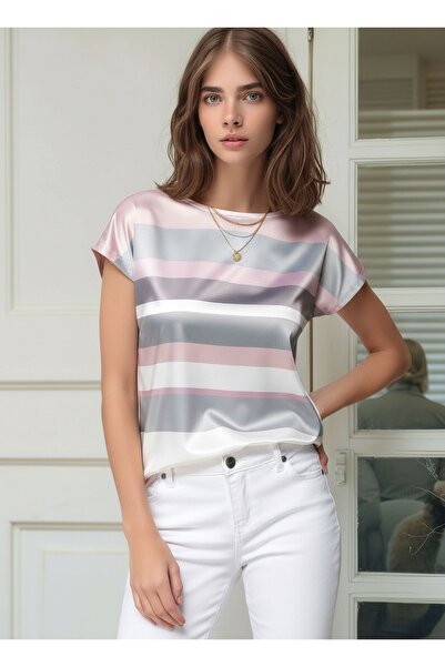 MAMAYAGA Women's Crew Neck Satin Viscose Short Sleeve Sport Stylish Striped B...