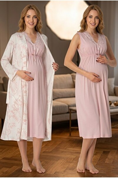 BLACKMORE Women's Powder Lace Detailed Patterned Cotton Piece Maternity Night...