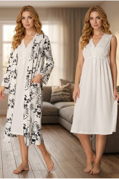 BLACKMORE Women's Ecru Lace Detailed Patterned Cotton Piece Maternity Nightgo...