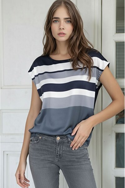 MAMAYAGA Women's Crew Neck Satin Viscose Short Sleeve Sport Stylish Striped B...