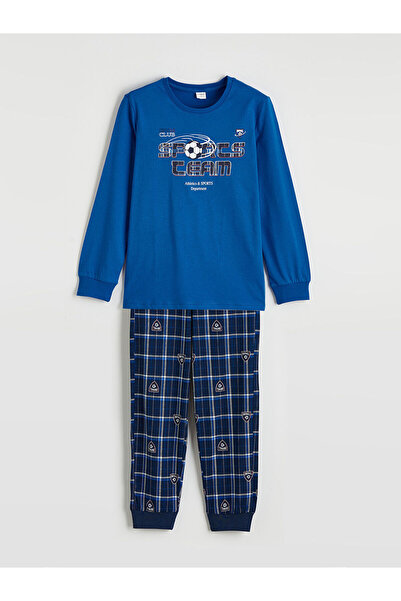 LC Waikiki Σετ παιδικής πιτζάμας για αγόρια LCW Kids Blue με τύπωμα με λαιμόκ...