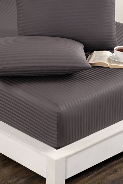 Naturosa Striped Satin Elastic Single Anthracite Bed Sheet Set - 40 cm - 1 Pi...